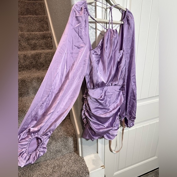 HOUSE OF CB 'Kate' Orchid Satin Front Wrap Mini Dress - Picture 8 of 13